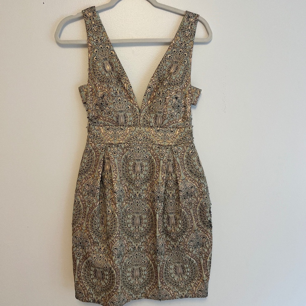 Nicole Miller Jacquard Gold and Sage Dress - Size 0